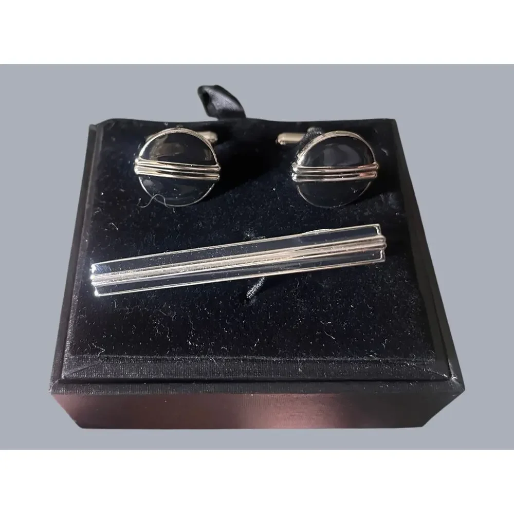 Mancini New York Men’s Modern Black and Silver Tie Bar and Cuff Links NWB
